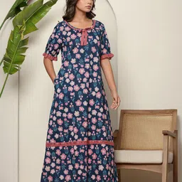 Nihsamah Women Floral Printed Round Neck Pure Cotton Maxi Nightdress-picture-27