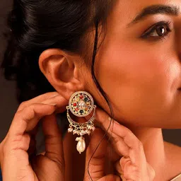 Voylla Navratna Eternal Gold-Plated Kundan Studded & Artificial Beaded Chandbalis Earrings image 5