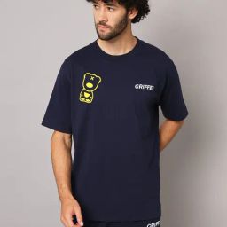 GRIFFEL Navy Loose Fit Printed Crew T-Shirt-picture-48
