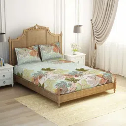 Spaces Greeneries Printed Light Aqua Cotton King Bed Sheet with 2 Pillow Covers-image-42