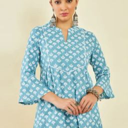 Soch Blue Cotton Floral Print Tunic with Bell Sleeves-picture-16