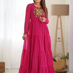 THE52 Leheriya Printed Thread Work Pure Georgette Thread Work Tiered Anarkali Kurti-picture-22