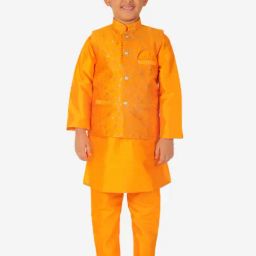 Pro-Ethic Style Developer Kids Orange Floral Full Sleeves Kurta, Waistcoat with Pyjamas-picture-9