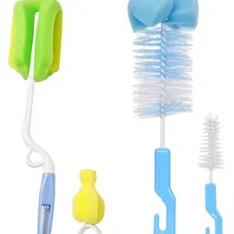 Chinmay Kids 4 Pcs Baby Milk Bottle Brush Nipple Straw Cleaner Sponge Flexible Handle & Bristles Brush Cleaner - Green & Blue-image-68