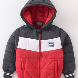 Little Kangaroos  Full Sleeves Padded Hooded Winter Jacket Color Block- Red & Black-picture-37