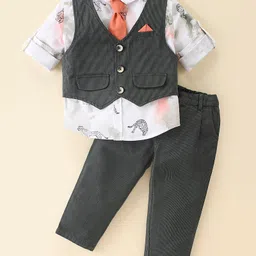 toffyhouse Robo Fry Cotton Woven Full Sleeves Three Piece Checkered Party Suit With Tie - Dark Green-picture-15
