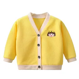 MOMISY Full Sleeves Doll Printed Front Open Cardigan - Yellow image 1