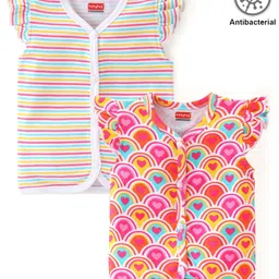 Babyhug 100% Cotton Interlock Knit Frill Sleeves Antibacterial Front Open Vest Stripes & Heart Print Pack of 2 - Multicolor-image-58