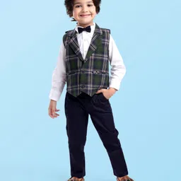 Babyhug Woven Full Sleeves Checks 3 Piece Party Suit - Green White & Navy-picture-10