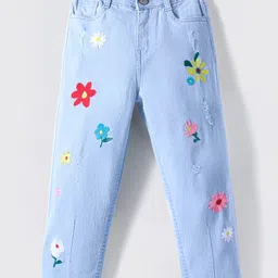 Primo Gino Full Length Denim Jeans with Floral Embroidery - Light Blue-image-4