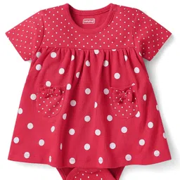 Babyhug Single Jersey Knit Half Sleeves Frock Style Onesie With Polka Dots - Red-picture-22