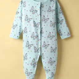 ToffyHouse Cotton Knit Full Sleeves Floral & Butterfly Printed Front Open Footed Sleepsuit - Aqua Blue-image-6