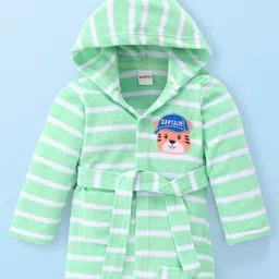 Babyhug Terry Cotton Knit Full Sleeves Bathrobe with Hood Stripe Design & Tiger Embroidery - Light Green-picture-34