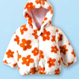 Babyhug Fleece Woven Full Sleeves Hooded Fur Winter Jacket with Floral Print - White-picture-10