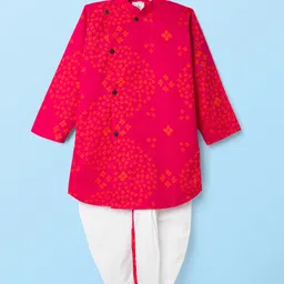 Teentaare Cotton Woven Full Sleeves Kurta Dhoti Set with Bandhani Print - Red-image-42