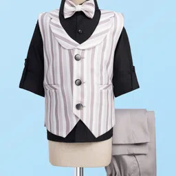 Rikidoos Full Sleeves Striped 3 Piece Party Suit With Bow Set - Black & Grey-picture-29