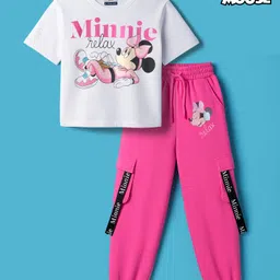 Pine Kids Disney Single Jersey Knit Drop Shoulder Half Sleeves Crop Top & Joggers Set With Minnie Mouse Graphics - White & Pink-picture-27
