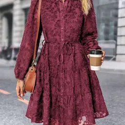 bebe Women Self Design Mandarin Collar Puff Sleeve Fit & Flare Dress-image-2