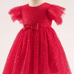 Babyhug Half Sleeves Party Frock with Glitter Print & Bow Detailing - Red image 2