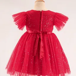 Babyhug Half Sleeves Party Frock with Glitter Print & Bow Detailing - Red image 3
