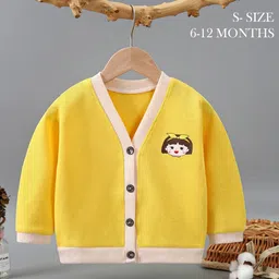 MOMISY Full Sleeves Doll Printed Front Open Cardigan - Yellow image 4