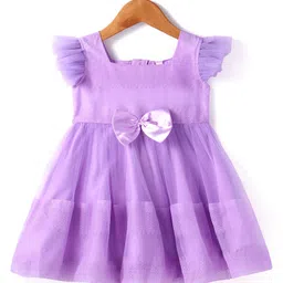 Babyhug Woven Frill Sleeves Solid Colour Fit & Flared Party Frock with Bow Applique - Lilac image 3