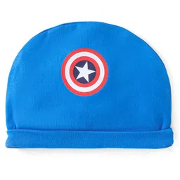 Babyhug Marvel Cotton Interlock Knit Half Sleeves Onesies With Cap & Captain America Graphics - Blue image 4