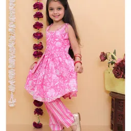 Vastrarth Cotton Sleeveless Floral Printed Kurta Pant With Potli Pouch Set - Pink image 5