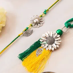 PANASH Silver-Plated Floral Shaped Beaded Bhaiya Bhabhi Rakhi With Roli Chawal-picture-42
