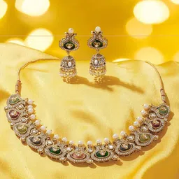 Zaveri Pearls Gold-Plated Austrian Diamond Stone-Studded & Pearls Beaded Jewellery Set-image-67