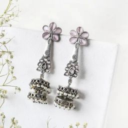 Teejh Ethnic Lipika Pink Silver Oxidized Jhumki Earrings-picture-11