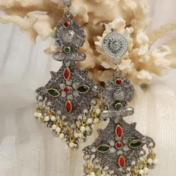 Moedbuille Crystal Ghungroo & Pearl Studded Antique Design Silver-Plated Tassel Dangler Earrings-image-58