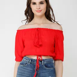 Cation Women Red Solid Bardot Crop Top-image-87