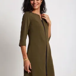 Fablestreet Olive Green & Black Color-Block A-Line Dress image 3