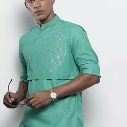 The Indian Garage Co Men Turquoise Blue Solid Angrakha Kurta with Printed Detailing-picture-24
