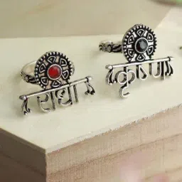 Aatmana Oxidized Silver-Plated Handcrafted, Red & Green Finger Ring for Women - Set of 2 image 4