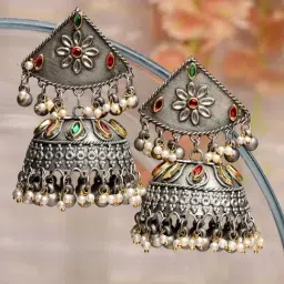 Moedbuille Crystal Ghungroo & Pearl Studded Antique Design Silver-Plated Tassel Jhumki Earrings-image-12