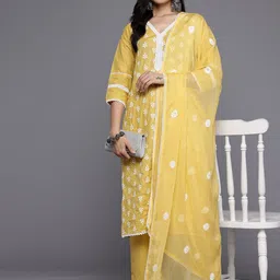 Varanga Floral Embroidered Thread Work Pure Cotton Kurta With Trousers & Dupatta-picture-35