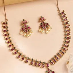 KARATCART Gold Plated Pink and Green Stone Studded & Beaded Necklace with Earrings-picture-31