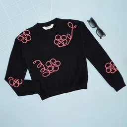 Pantaloons Junior Girls Floral Embroidered Round Neck Pullover Sweater-picture-25
