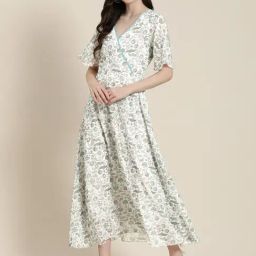 Qurvii Off White & Mint Green Floral Print Maxi Dress-picture-36