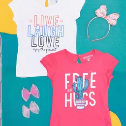 Pantaloons Junior Pack of 2 Half Sleeves Cactus & Live Laugh Love Printed Tee - Pink White-picture-12