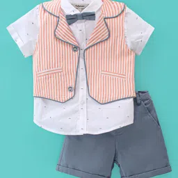 ToffyHouse Woven Half Sleeves Shirt & Shorts Set With Waistcoat & Bow Striped - Orange White & Blue-picture-15