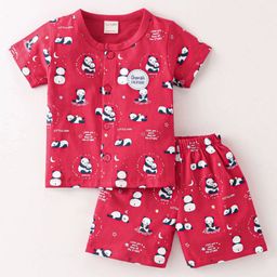 CUCUMBER Sinker Knit Half Sleeves Night Suit Panda Print - Red-picture-6