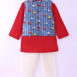 Saka Designs Cotton Woven Full Sleeves Solid Colour Kurta Pyjama Set with Striped & Car Printed Nehru Jacket - Red & White-picture-26