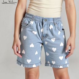 Arias By Lara Dutta Cotton Denim Medium WashedWoven Shorts With Heart Print - Blue-picture-17