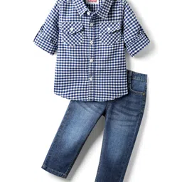 Babyhug Cotton Woven Full Sleeves Checks Shirt & Denim Jeans Set - Blue-picture-26