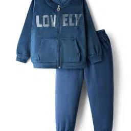 Babyhug Velour Woven Winter Wear Sweatshirt & Lounge Pant Set with Text Print - Navy Blue-image-95