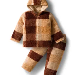 Babyhug Fur Knit Full Sleeves Hooded Color Block Winter Wear Top & Lounge Pant Set With Checks Design - Brown & Cream-picture-14