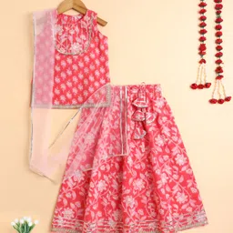 The Magic Wand Cotton Woven Sleeveless Floral Motifs Printed Lace Embellished Lehenga Choli With Dupatta - Peach-picture-22